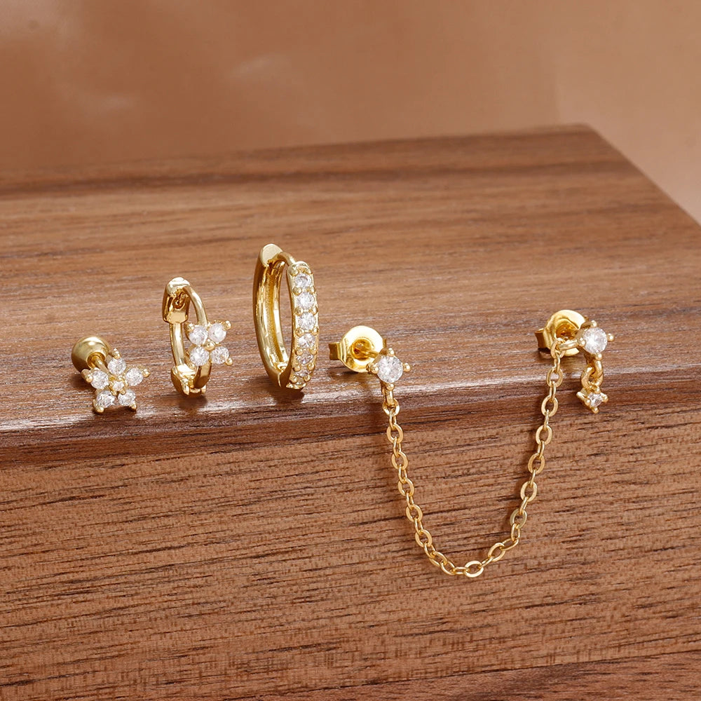 4PCS French Design Tassel Chain Pendant Hoop Earrings Set Zircon Stud