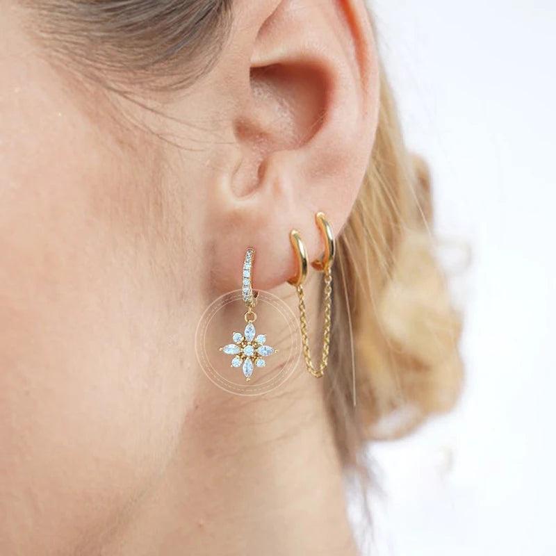 New Stainless Steel Water Drop Hoop Earrings Cubic Zirconia Flowers