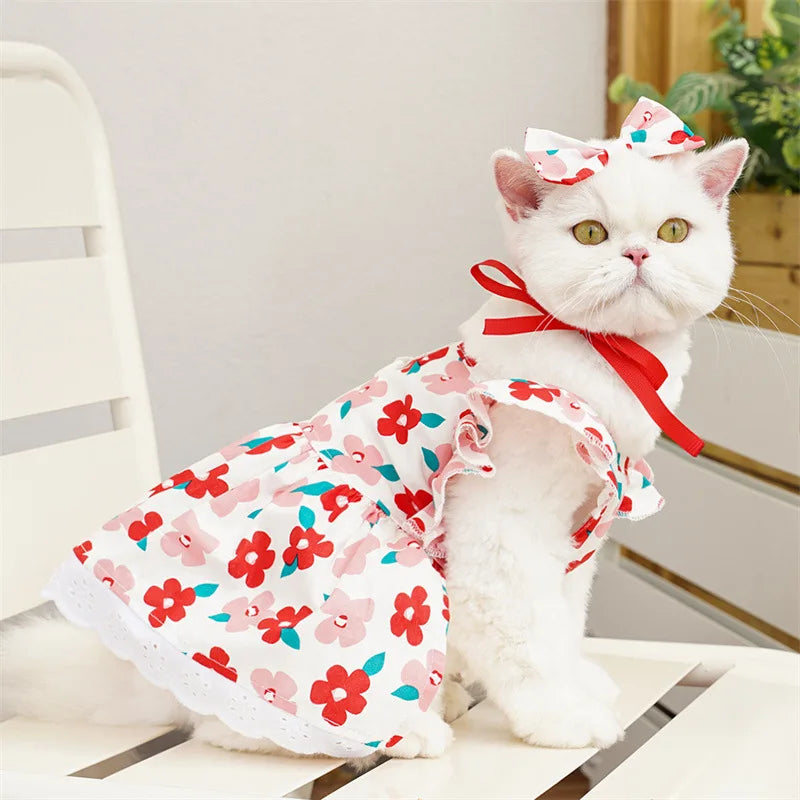 Sweet Bow Dog Cat Dress Set, Floral Lace Party Dress with Bow Tie, Cute Photoshoot Outfit for Small Medium Pets, Special Occasio