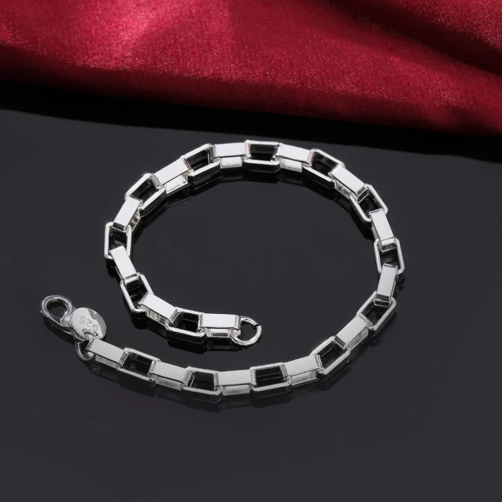 Classic Long Square Chain Bracelet 925 Sterling Silver Men Women Wedding