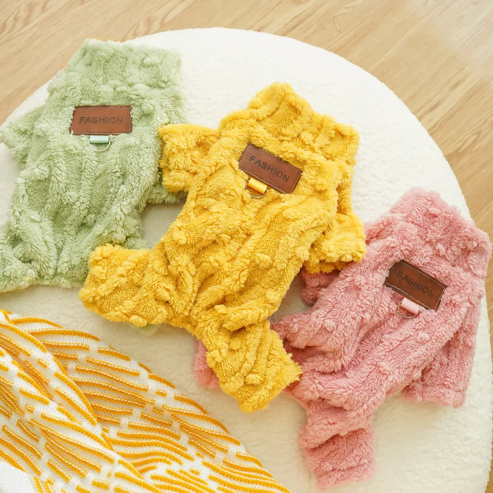 Warm Pet Pajamas Onesie Plush Dog Cat Bodysuit Fleece Lined Winter Costume