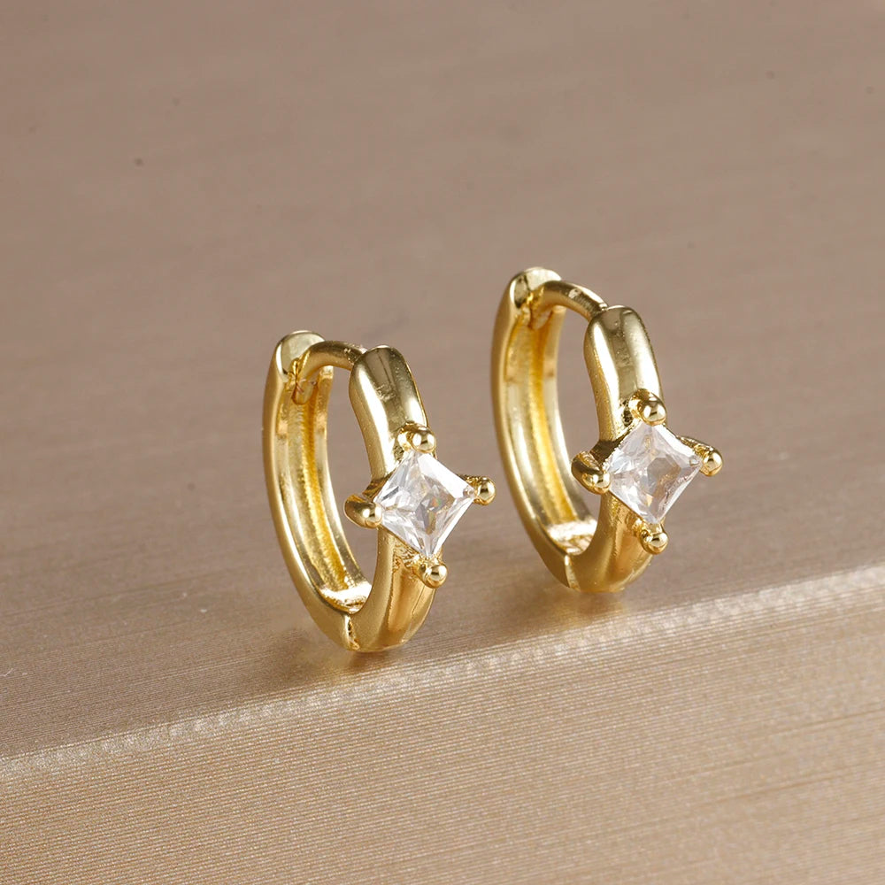 Vintage Square Crystal Stone Hoop Earrings Gold Colour Circle