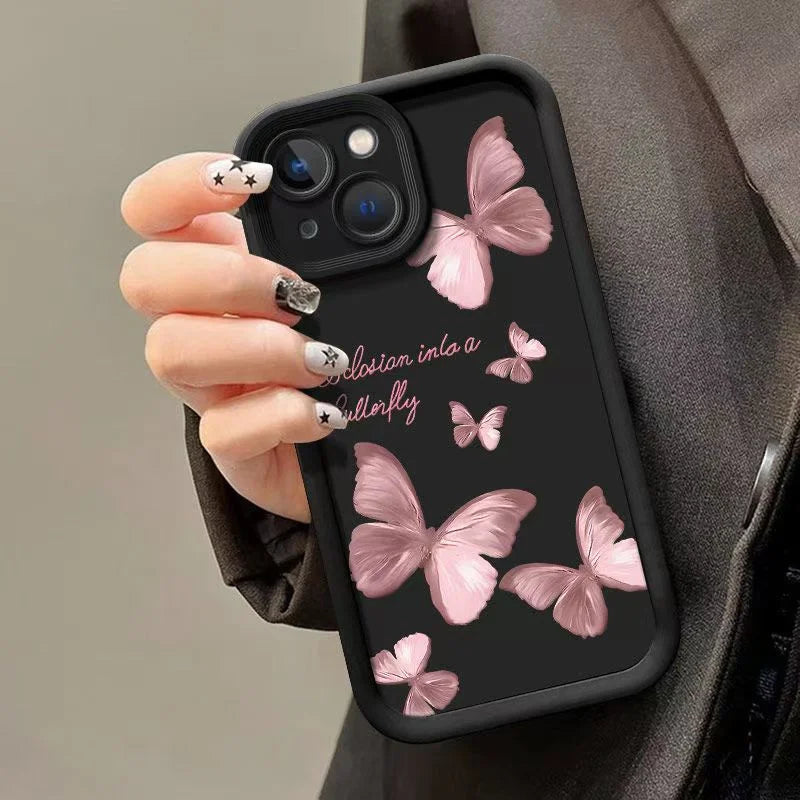 Pink Butterfly Silicone Case for iPhone 17 16 15 14 13 12 11 Pro Max Plus