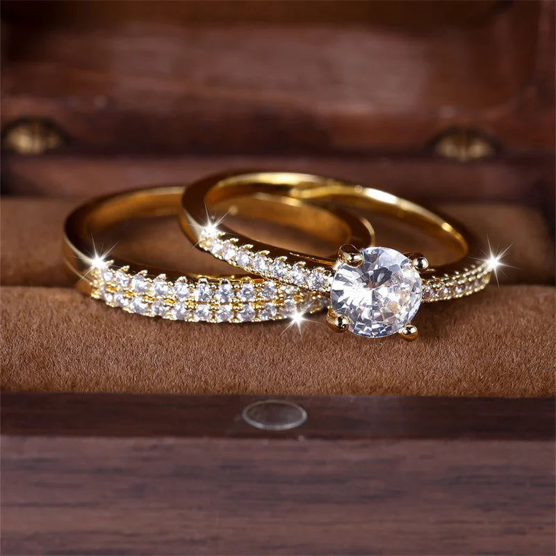 White Zircon Stacking Couple Ring Set 2pcs Female Round Gold Color Bridal Rings For Women Wedding Bands Party Jewelry CZ