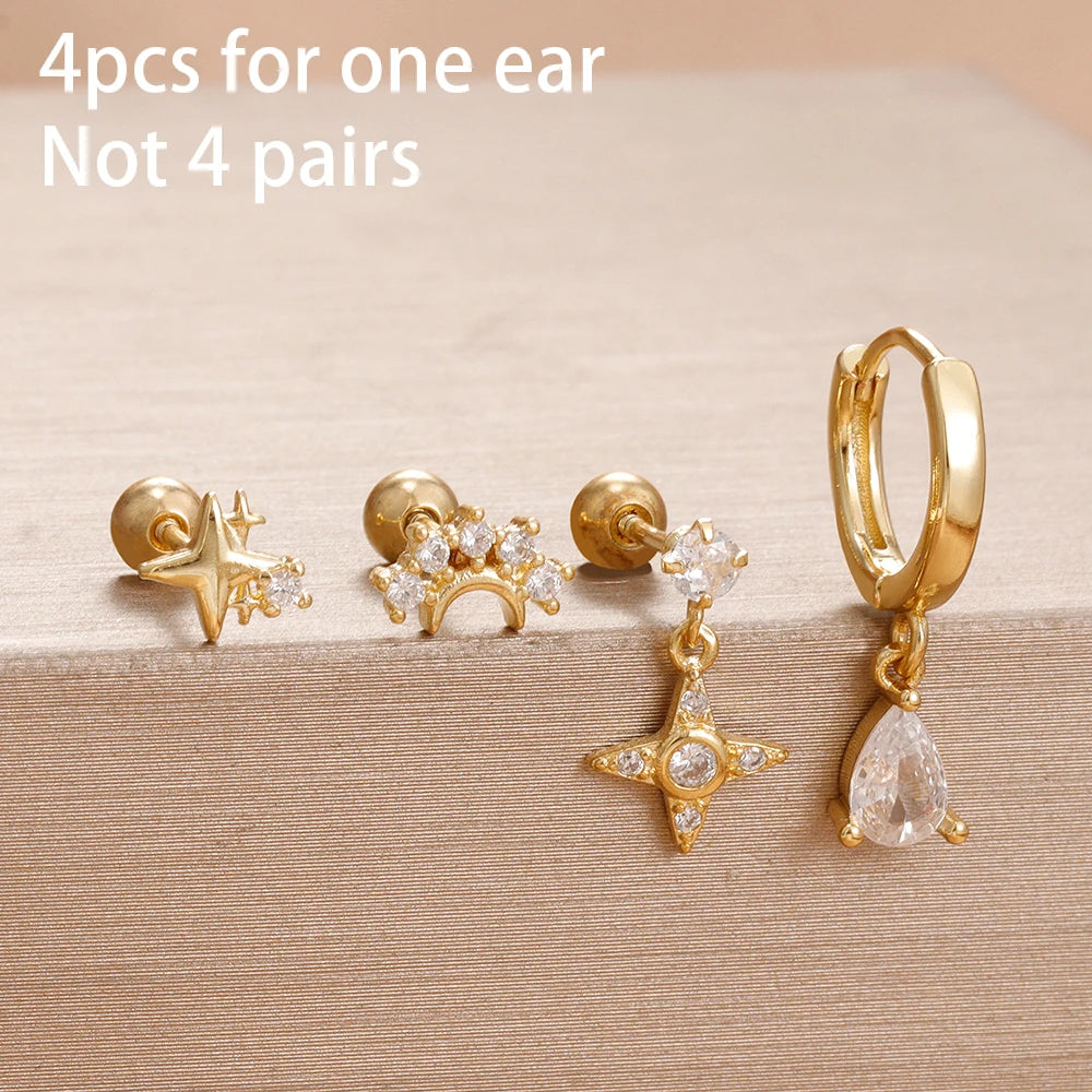4PCS Star Moon Stainless Steel Zircon Stud Earrings 14K Gold Plated