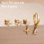 4PCS Star Moon Stainless Steel Zircon Stud Earrings 14K Gold Plated