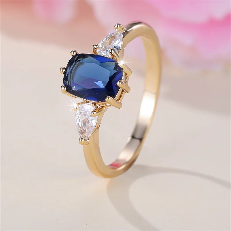 Royal Blue Stone Square Wedding Bands Gold Color Metal Minimalist Female White Zircon Promise Engagement Rings For Women Jewelry