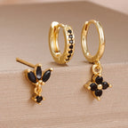 3PCS Fashion Orange Blue Zircon Hanging Earrings Stainless Steel Flower