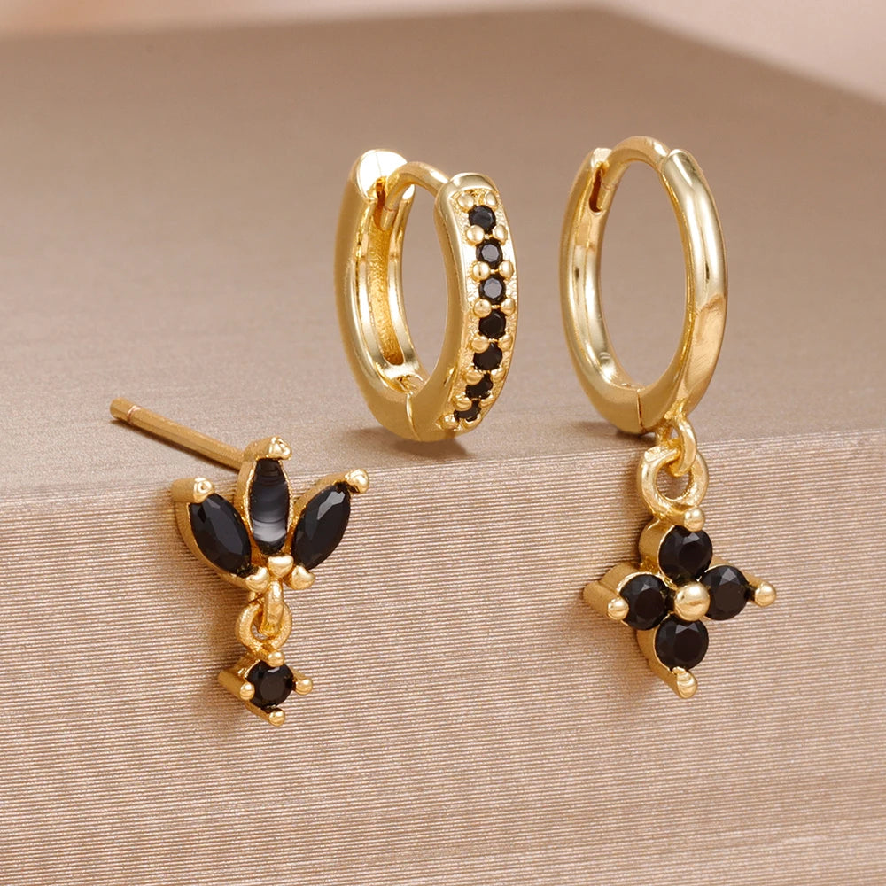 3PCS Fashion Orange Blue Zircon Hanging Earrings Stainless Steel Flower