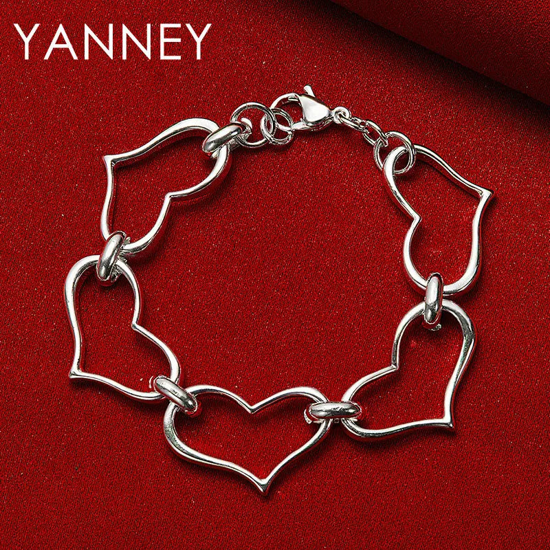 925 Sterling Silver 8-inch Heart Bracelet Women Wedding Party Jewellery Gift