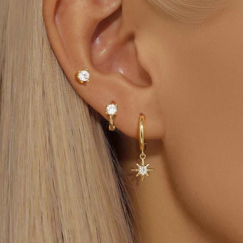 3PCS Gold Colour Star Earrings Set Zircon Pendant Stainless Steel