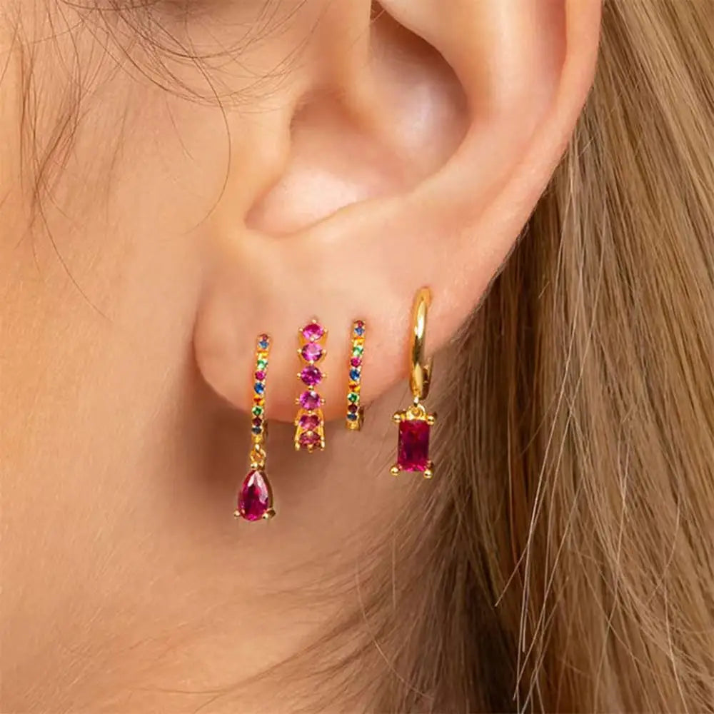4pcs Korean Stainless Steel Zircon Water Drop Piercing Earrings Set