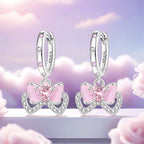 925 Sterling Silver Pink Sweet Bow Drop Earrings Trendy Anniversary Jewellery