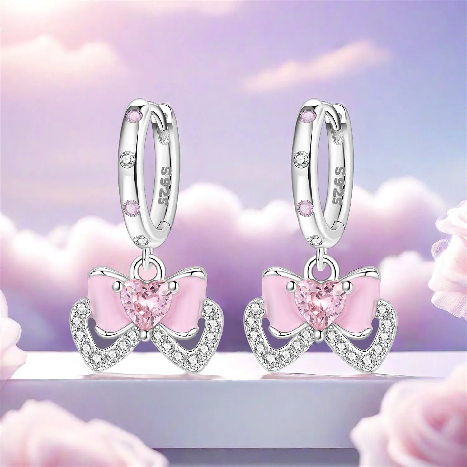 925 Sterling Silver Pink Sweet Bow Drop Earrings Trendy Anniversary Jewellery