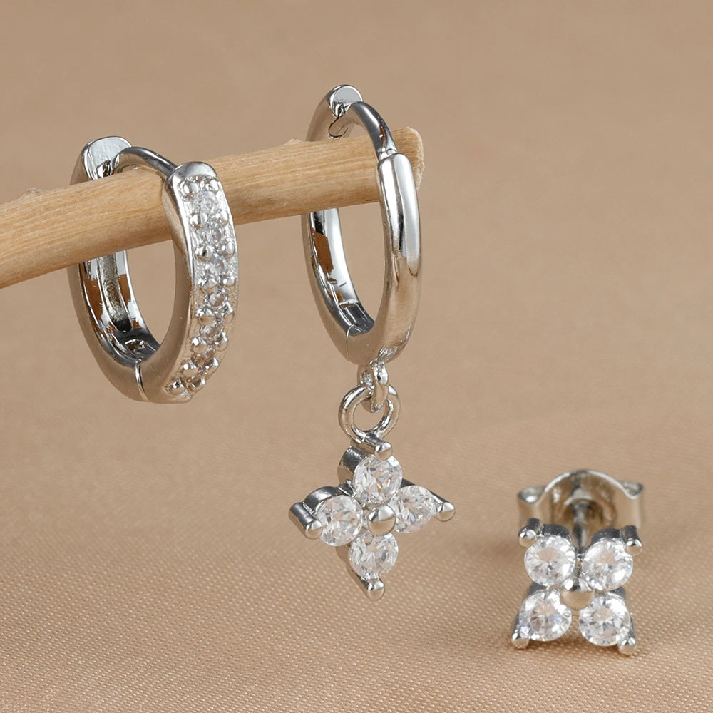 3PCS Gold Colour Crystal Zirconia Drop Earrings Flower Dangle Set