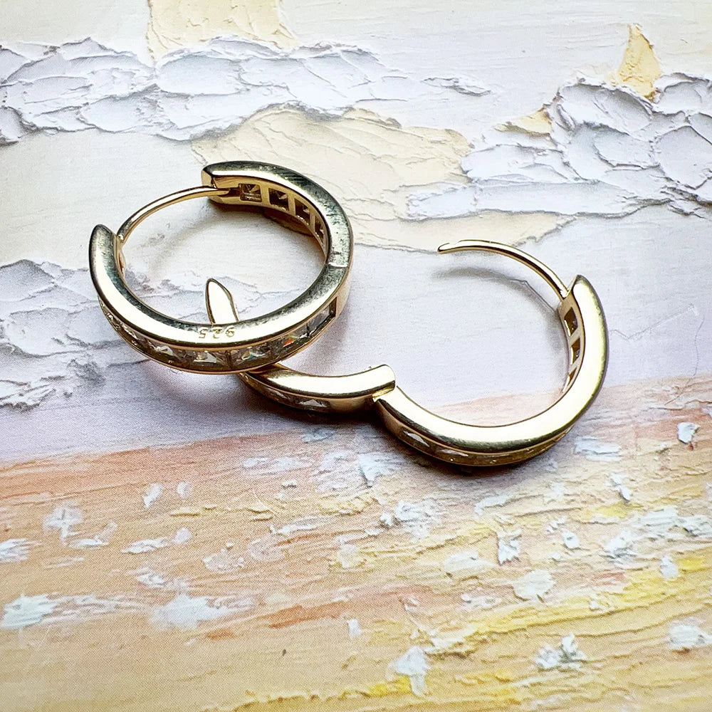 Elegant Golden Hinged Hoop Earrings Creole Solid 925 Sterling Silver