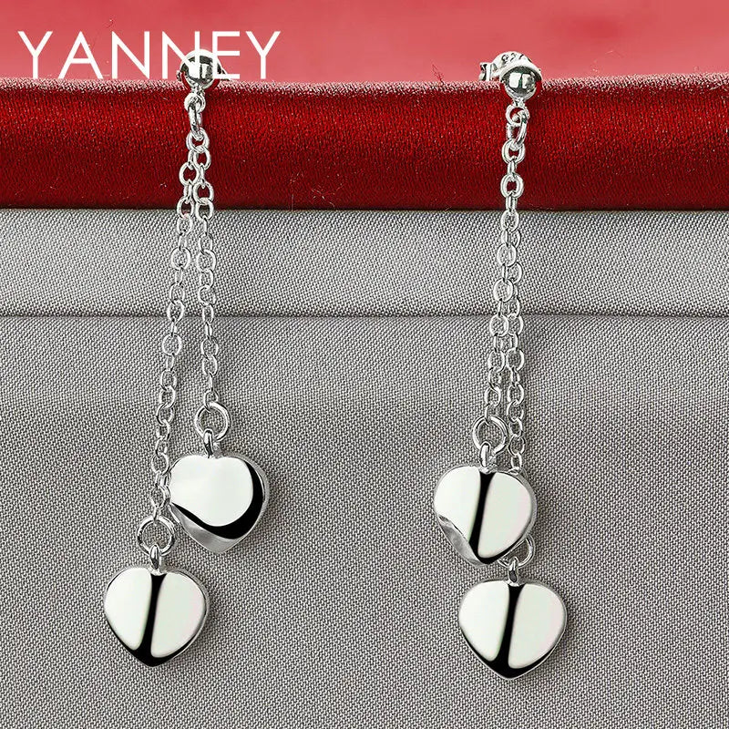925 Sterling Silver 45mm Tassel Heart Earrings Women Wedding Engagement Gift