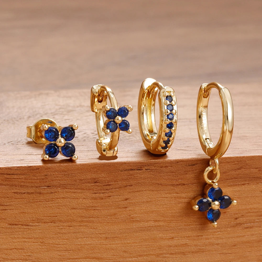 4PCS Black Zircon Flower Hoop Earring Simple Stainless Steel Huggies