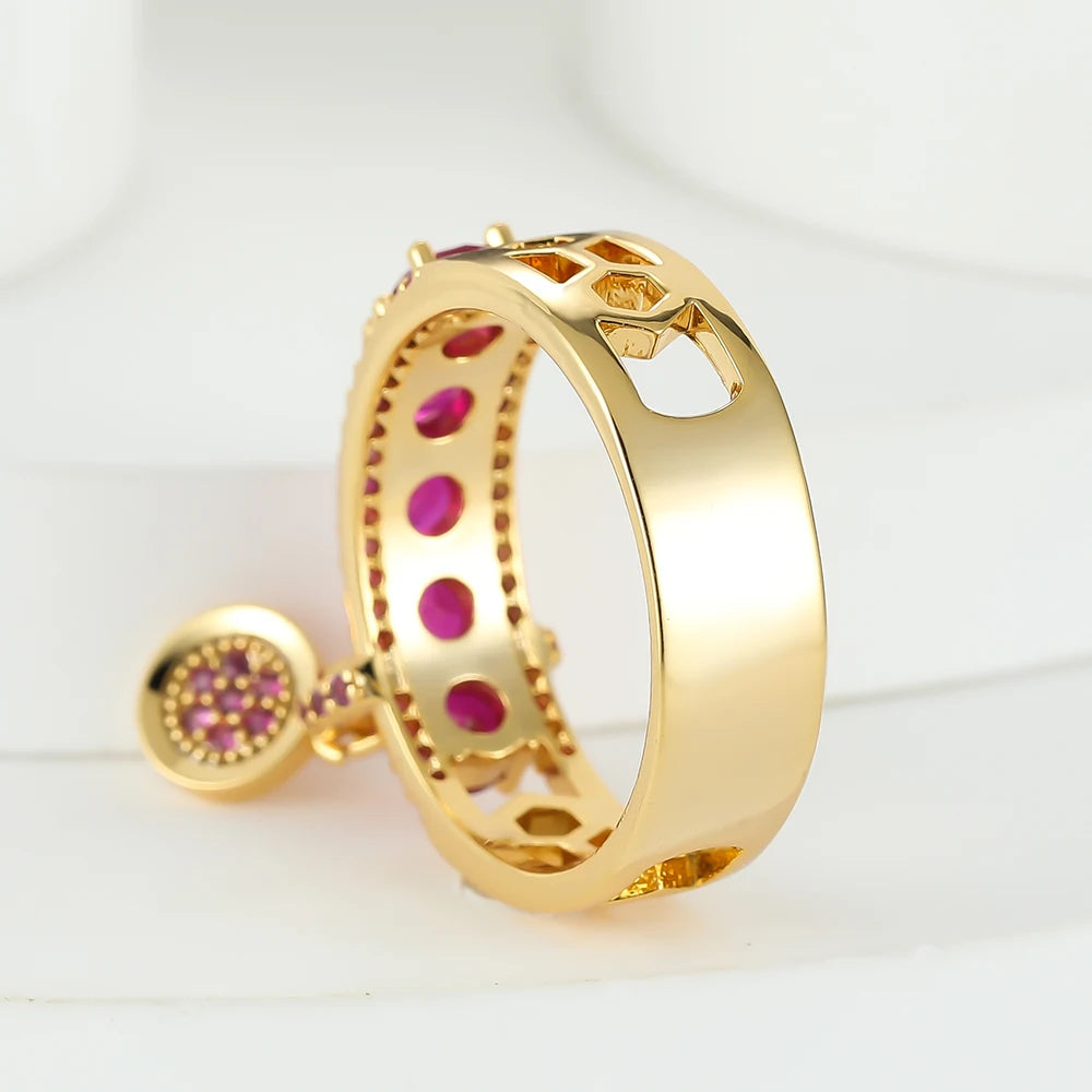 Luxury Female Rose Red Stone Wedding Rings For Women Engagement Jewelry Cute Pink Zircon Round Dangle Ring Christmas Day Gifts