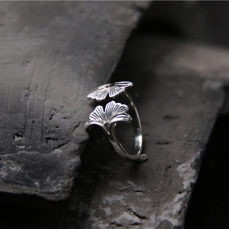 Ginkgo Biloba Leaves Open Ring 925 Sterling Silver Wedding Luxury Accessories