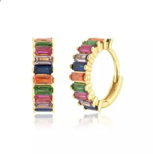 2PCS Stainless Steel Circle Hoop Earrings Colourful Zircon Crystal