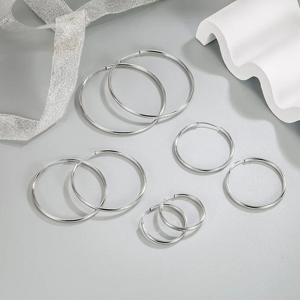 925 Sterling Silver 3mm Thick Hoop Earrings Women 3.5/5/6cm Luxury Jewellery