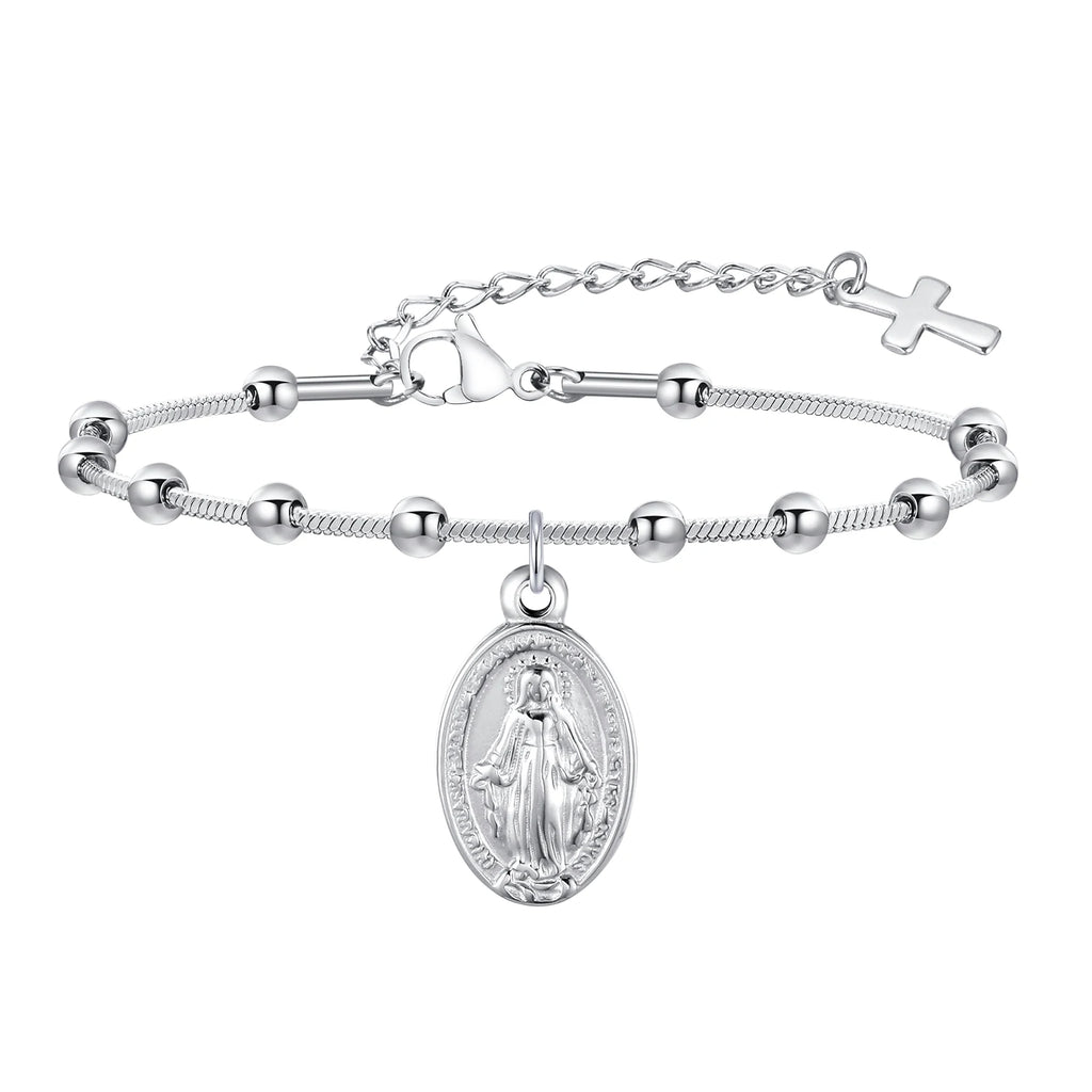 Two Tone Stainless Steel Virgin Mary Bracelet for Women, Rosary Beaded Cross Bracelets, Non Tarnish Religious Jewelry