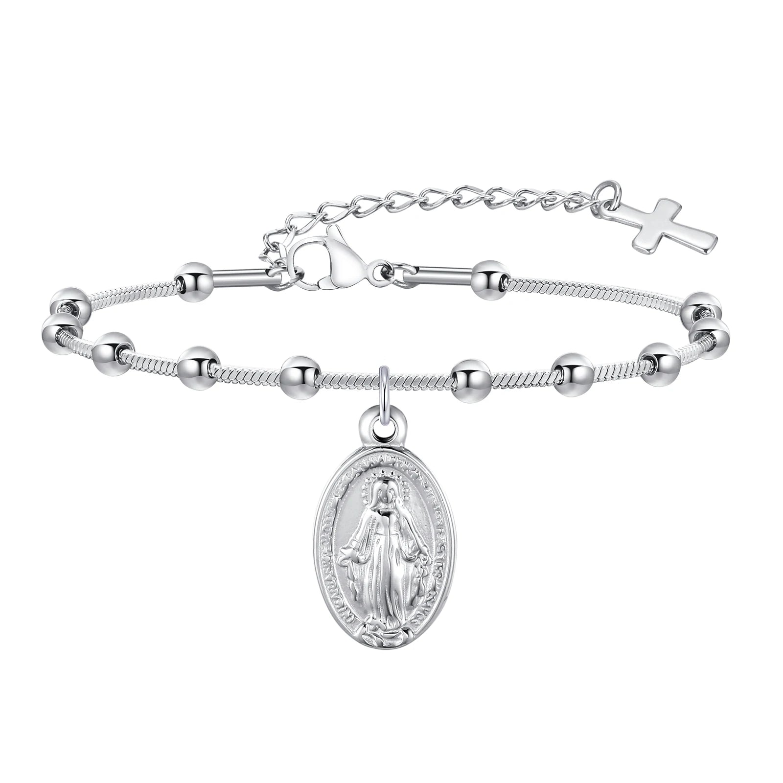 Two Tone Stainless Steel Virgin Mary Bracelet for Women, Rosary Beaded Cross Bracelets, Non Tarnish Religious Jewelry