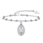 Virgin Mary Rosary Cross Bracelet for Women, Beaded Chain Stainless Steel Adjustable, Religious Jewelry