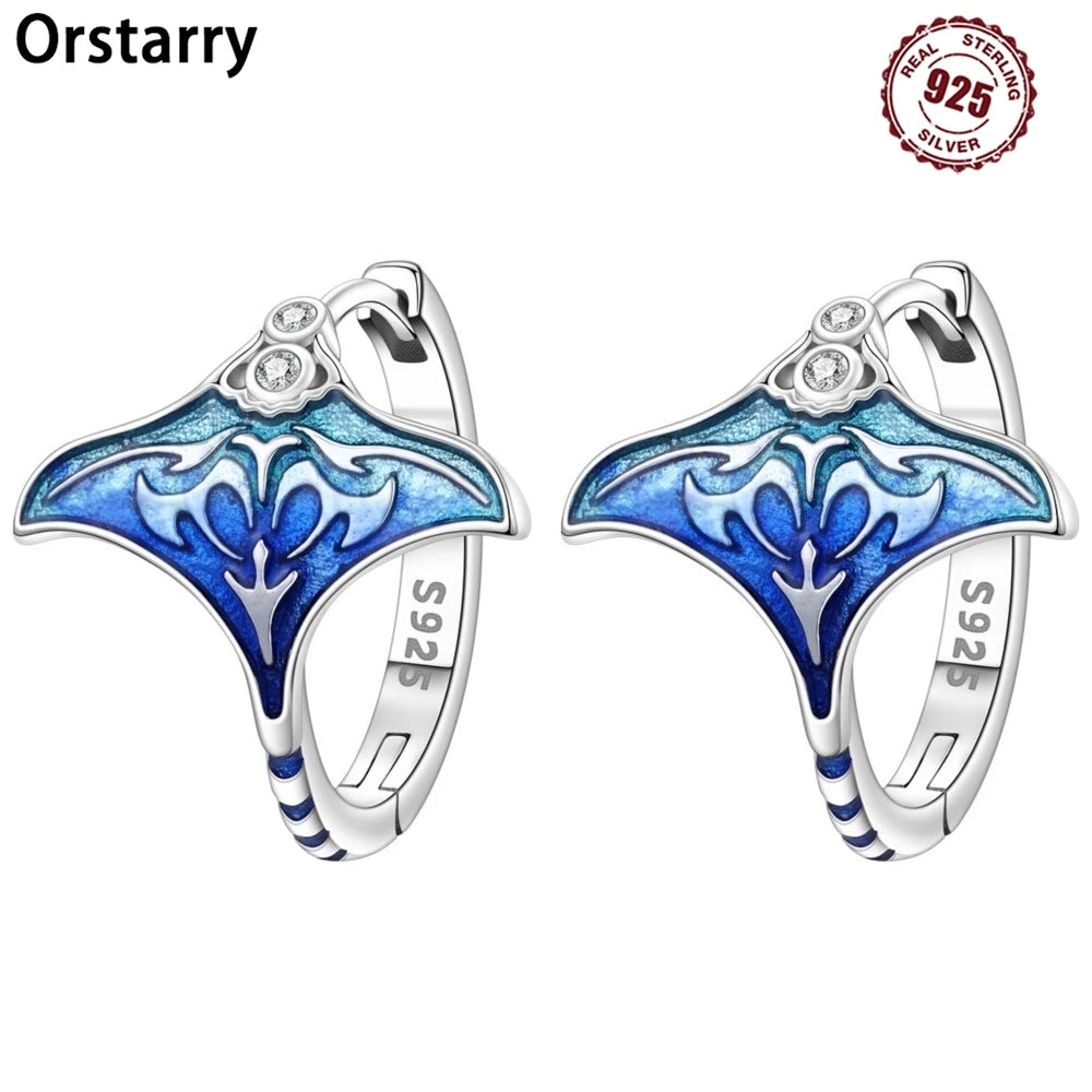 925 Sterling Silver Blue Devil Fish Hoop Earrings Anniversary Jewellery Gift