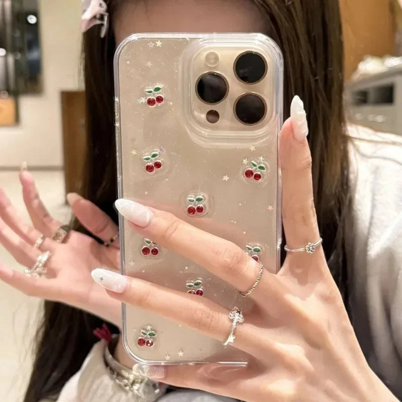 Glitter Diamond 3D Cherry Sequins Clear Case for iPhone 17 16 15