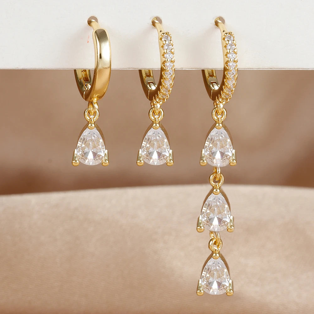 3PCS Stainless Steel Zircon Water Drop Hoop Earrings 18K Gold Heart