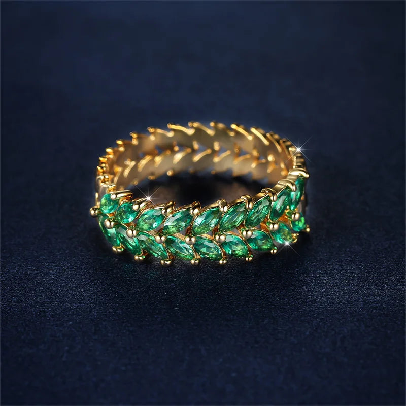 Luxury Female Green Pink Leaf Zircon Jewelry Gold Color Engagement Rings For Women Charm Bride Vintage Promise Wedding Bands