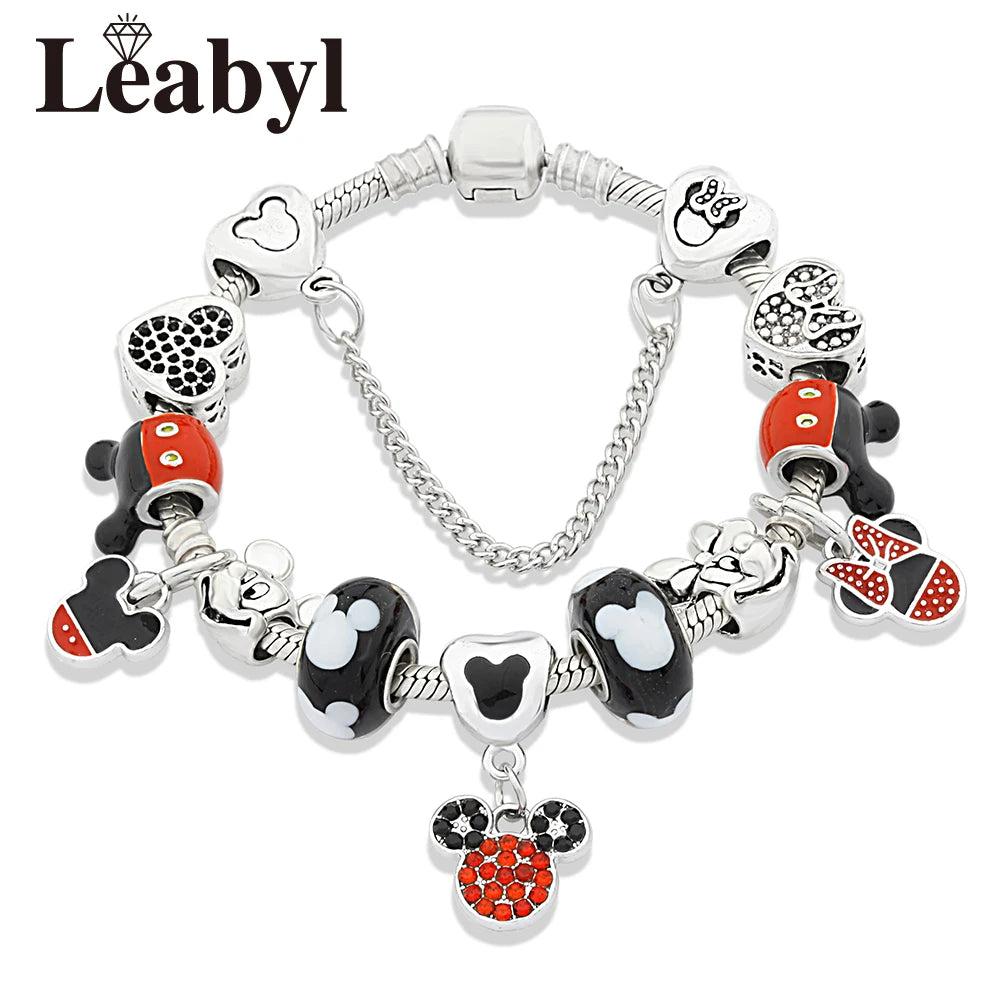 Antique Silver Castle Heart Minnie Mickey Charm Bracelet Pink Crystal Gift