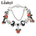 Antique Silver Castle Heart Minnie Mickey Charm Bracelet Pink Crystal Gift
