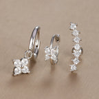 3PCS Vintage Design Four Flower Zircon Hoop Earrings Set Steel