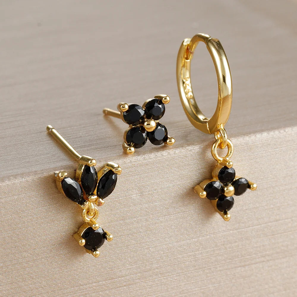 3PCS Fashion Orange Blue Zircon Hanging Earrings Stainless Steel Flower