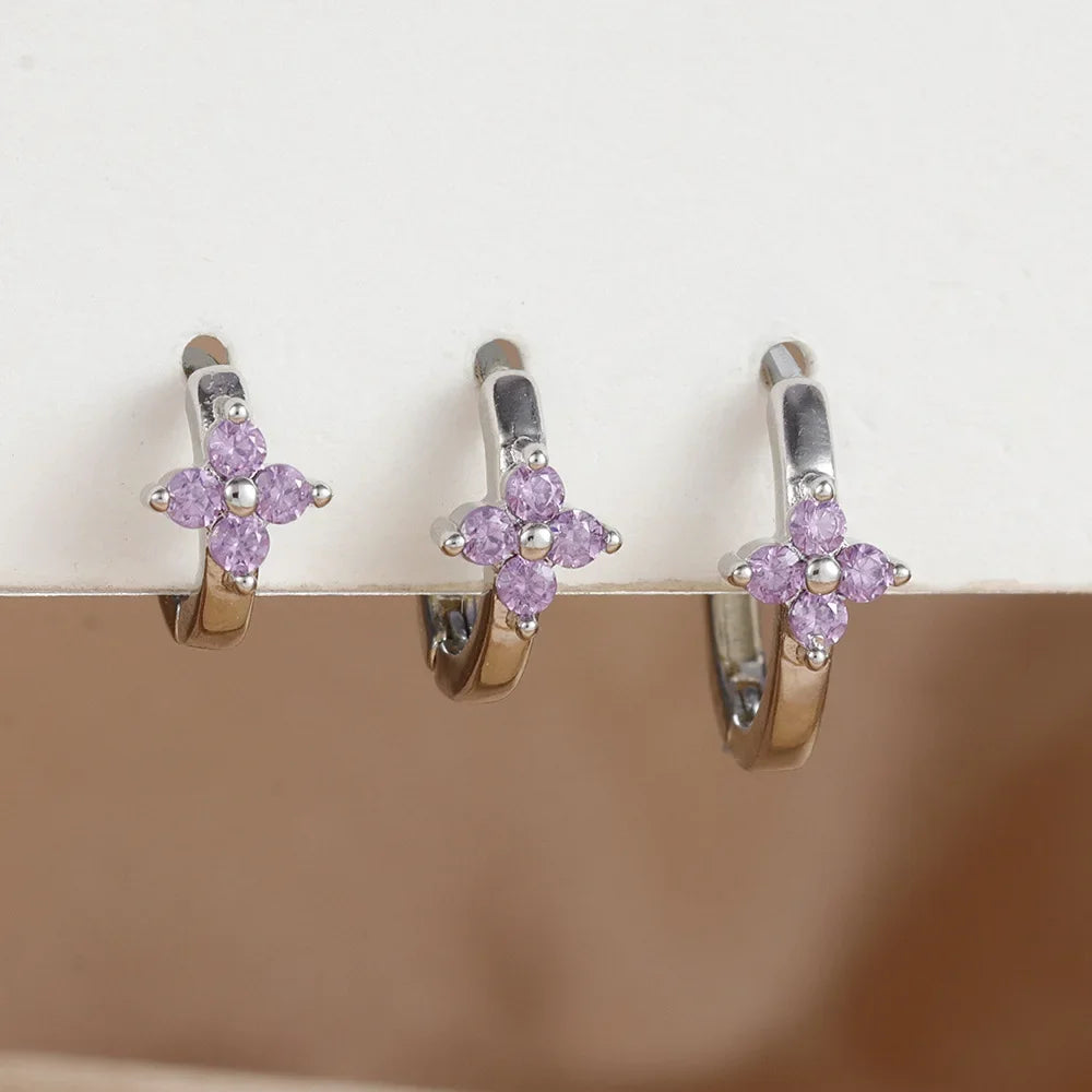 3PCS Simple Flower Zircon Hoop Earrings 18K Gold Plated Steel