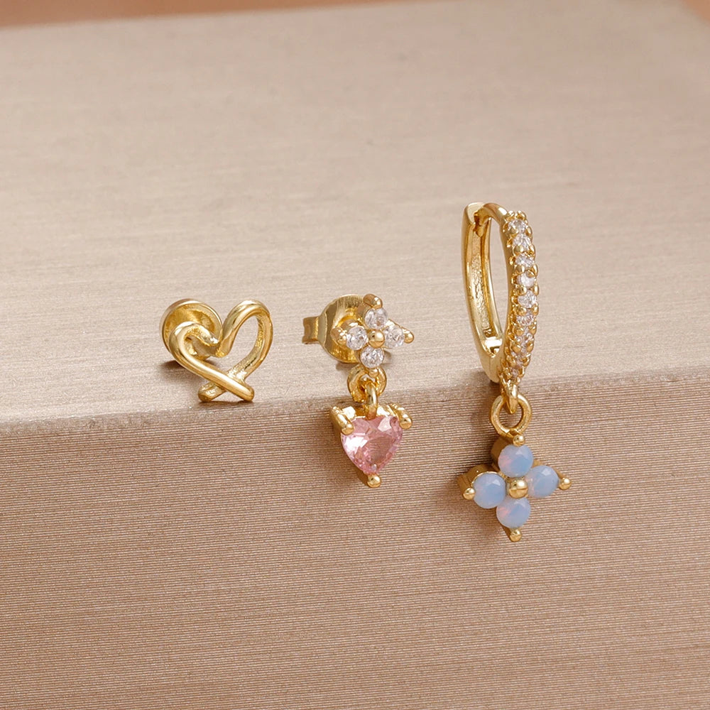 3PCS Fashion Simple Zircon Hoop Earrings Set Stainless Steel Punk