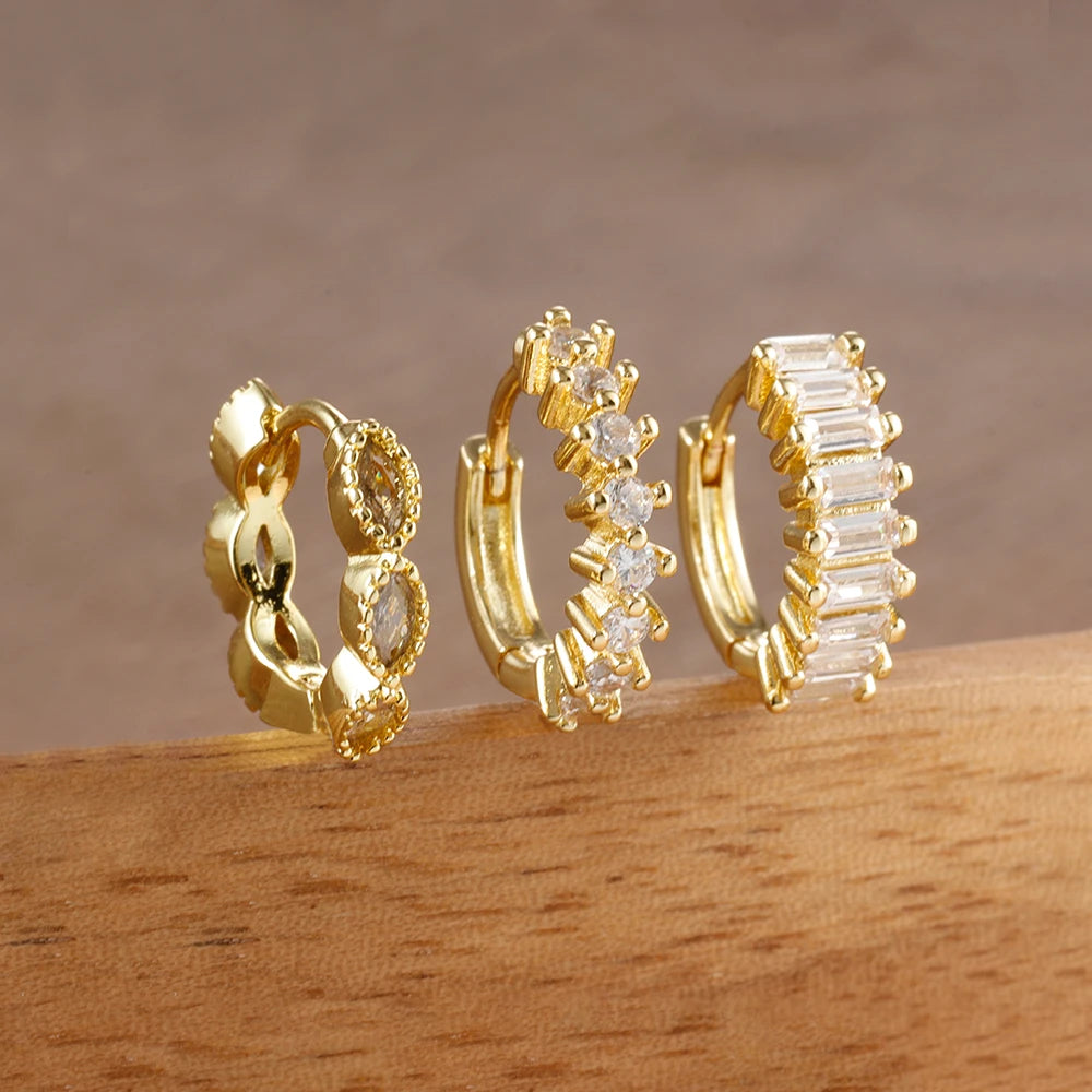 3PCS Stainless Steel Horse Eye Zircon Round Small Hoop Earrings Set