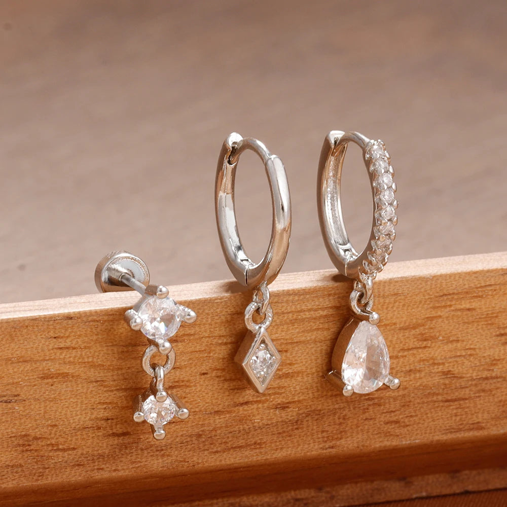 3PCS Stainless Steel Rhombus Pendant Hoop Earrings 18K Gold Plated