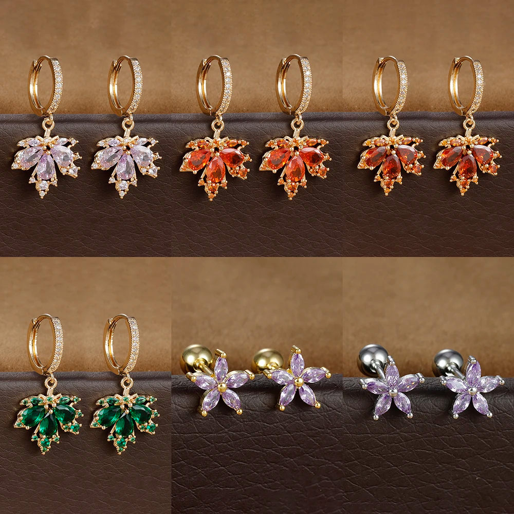 2pcs Vintage Crystal Zircon Maple Leaf Earrings Women Hoop Piercing