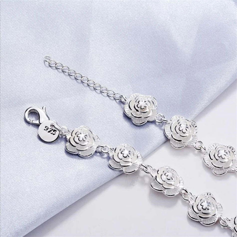 Rose Flower Chain Bracelet 925 Sterling Silver Women Pretty Wedding Jewellery