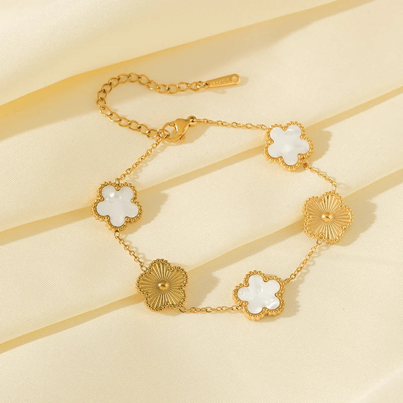 Five Leaf Clover Stainless Steel Bracelet Black Flower Wrist Chain