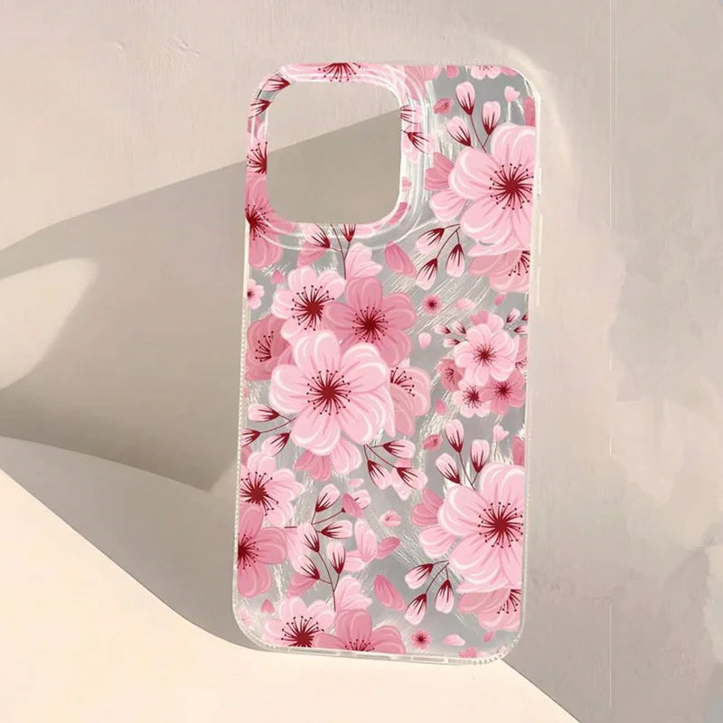 Pink Peach Flower Glitter Case for iPhone 17 16 15 14 13 12 11 Pro Max Plus