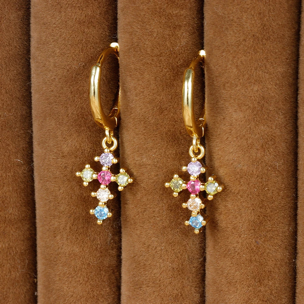 Fashion Zircon Link Chain Cross Hoop Earrings Stainless Steel