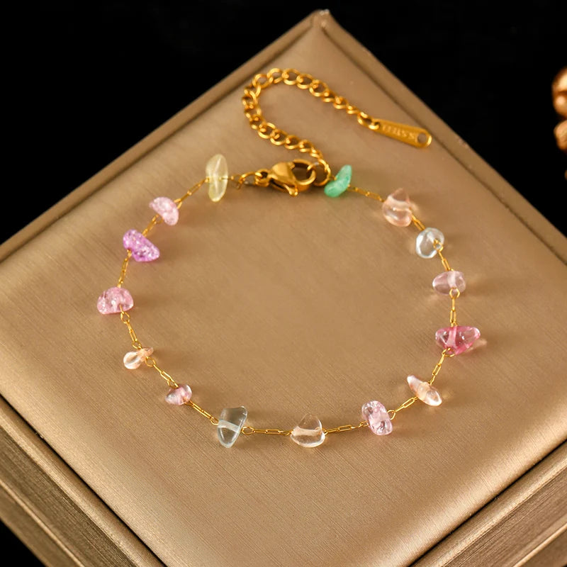Colored Transparent Stone Stainless Steel Bracelet Exquisite Thin Chain
