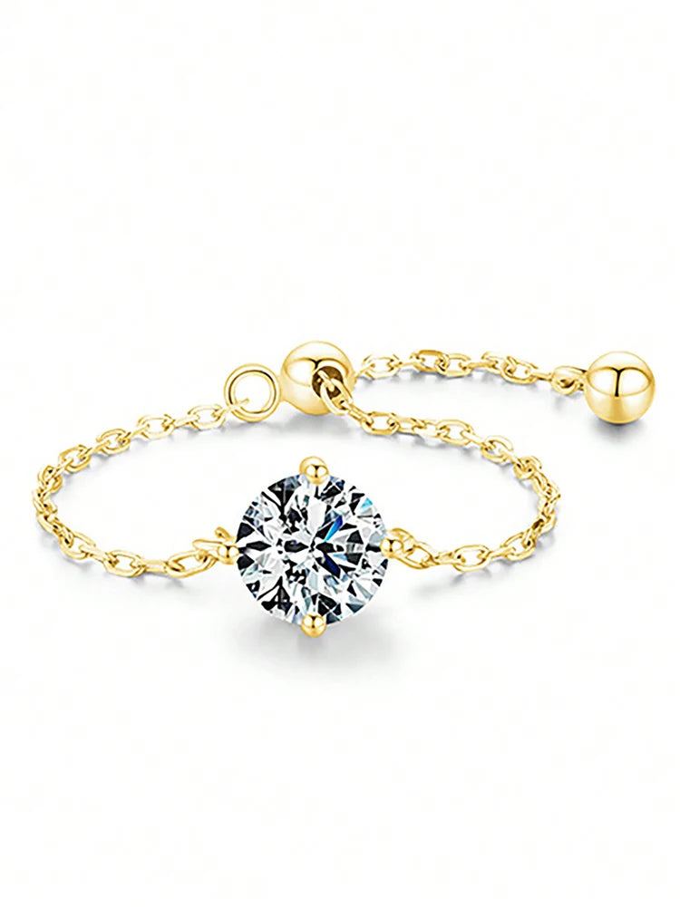 Certified Moissanite Chain Ring 1CT Oval Pear Cut Adjustable 925 Sterling Silver