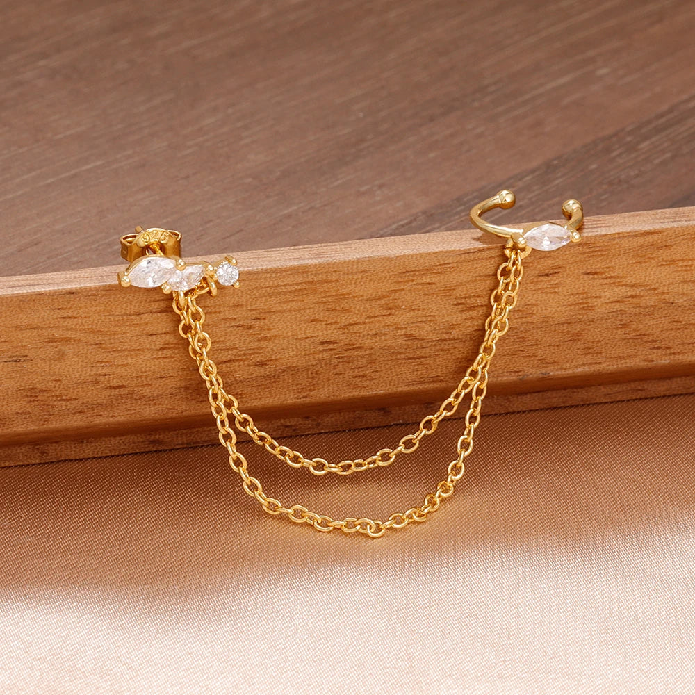 1PC Stainless Steel Chain Tassel Zircon Drop Earrings 14K Gold Plated