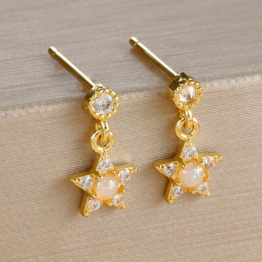 2PCS New Star Moon Zircon Opal Hoop Earrings Stainless Steel Stud